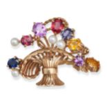A VINTAGE MULTICOLOUR SAPPHIRE AND PEARL FLOWER BASKET BROOCH in yellow gold, designed as a baske...