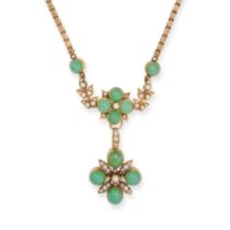 AN ANTIQUE VICTORIAN CHRYSOPRASE AND PEARL NECKLACE in yellow gold, the necklace in foliate desig...