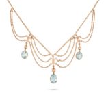 AN AQUAMARINE AND PEARL SWAG NECKLACE in yellow gold, comprising a trace chain suspending three o...