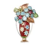 NO RESERVE - A GEMSET FLOWER VASE BROOCH designed as a vase of flowers, the flowers set with roun...