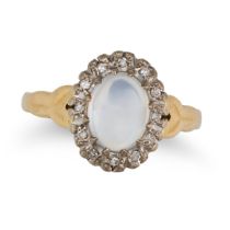 A MOONSTONE AND DIAMOND CLUSTER RING in 18ct yellow gold, set with an oval cabochon moonstone in ...