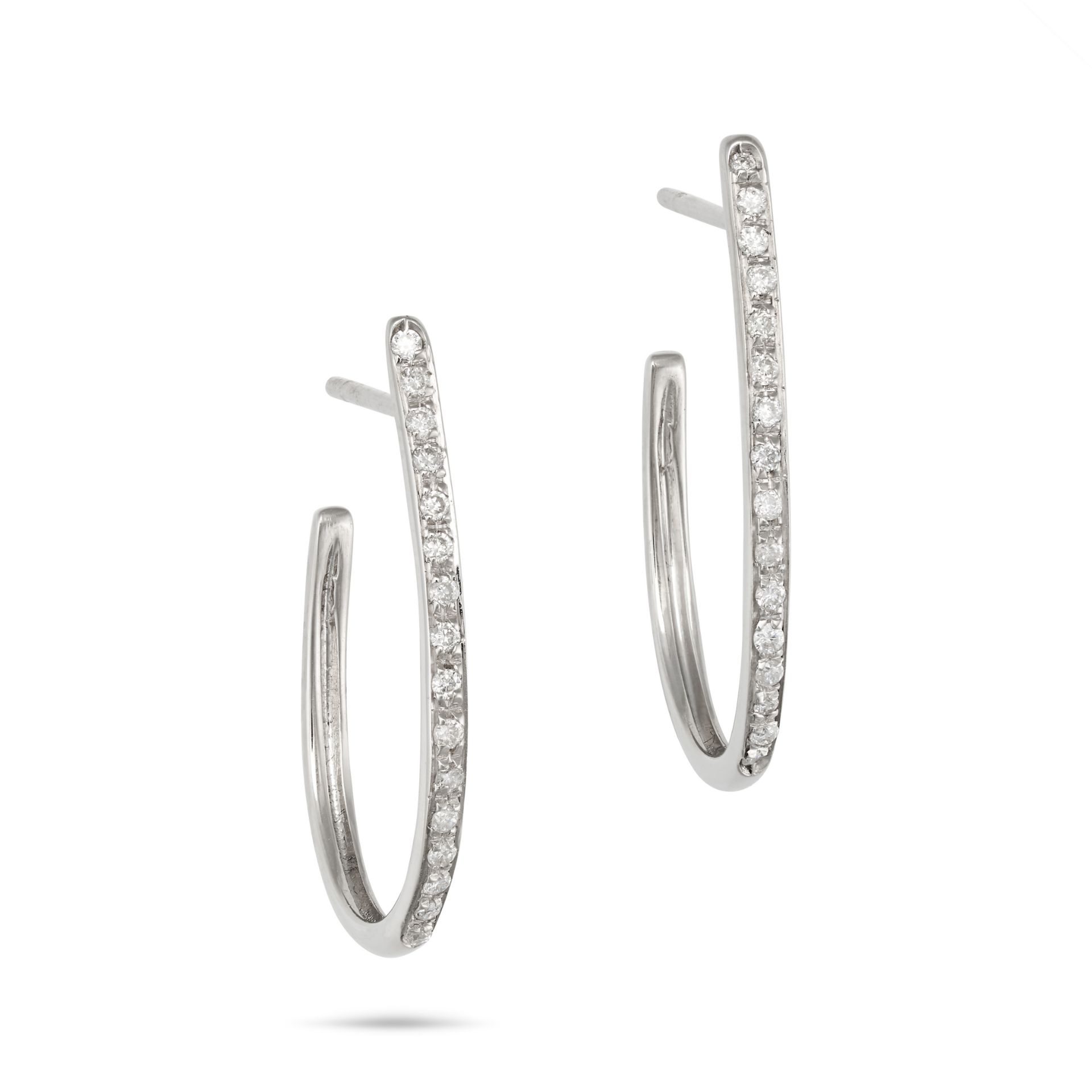A PAIR OF DIAMOND HOOP EARRINGS each set with a row of round brilliant cut diamonds, stamped 750,...