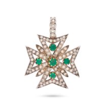AN ANTIQUE EMERALD AND DIAMOND MALTESE CROSS PENDANT in yellow gold and silver, designed as a Mal...