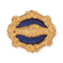 AN ANTIQUE ENAMEL FEDE BROOCH in yellow gold, designed as two clasped hands relieved in blue enam...