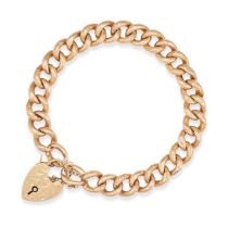 AN ANTIQUE PADLOCK BRACELET in 15ct yellow gold, comprising a curb link bracelet suspending a hea...