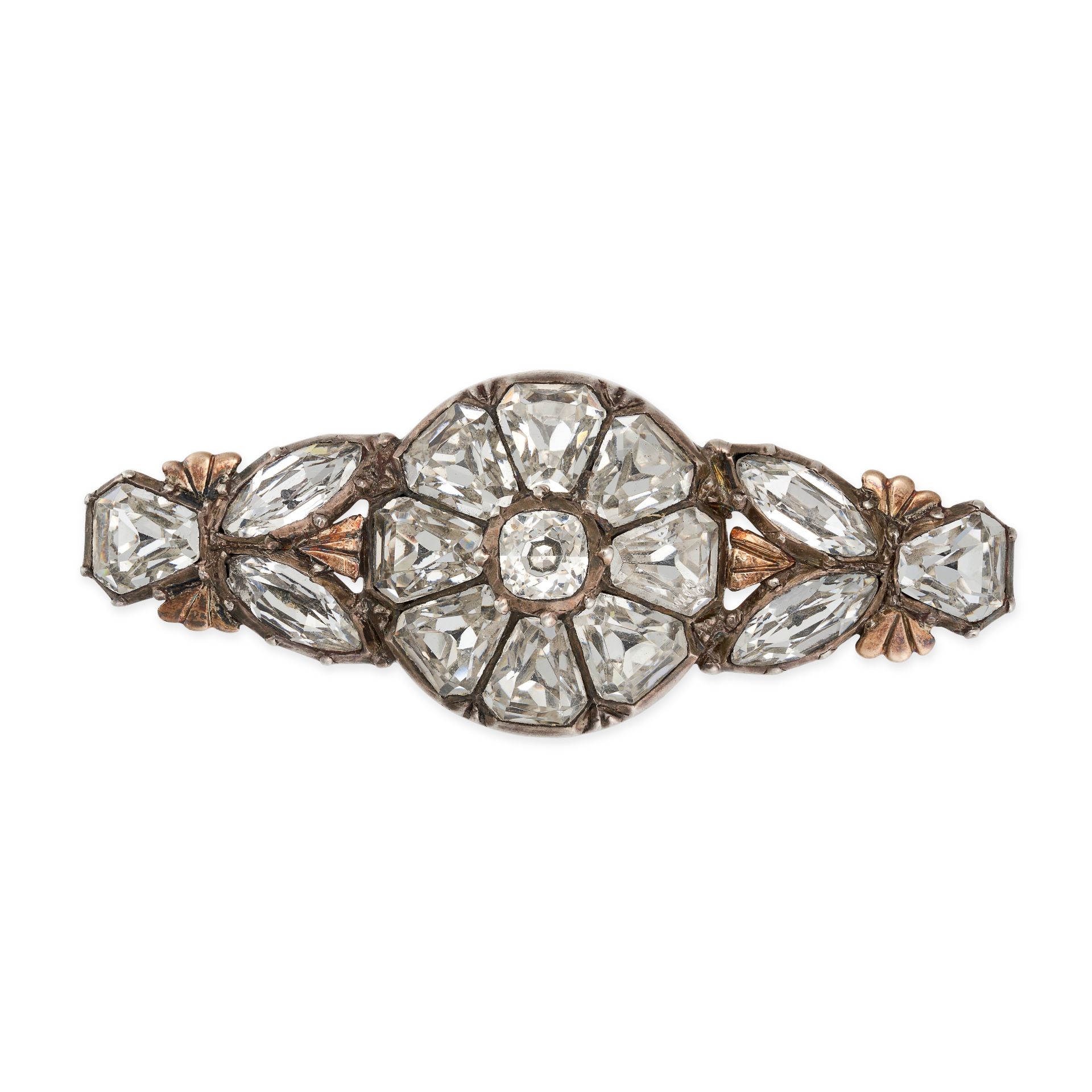 AN ANTIQUE PASTE BROOCH in silver, set throughout with cushion, marquise and fancy cut colourless...