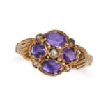 AN ANTIQUE AMETHYST AND PEARL RING in yellow gold, set with four oval cut amethysts accented by s...