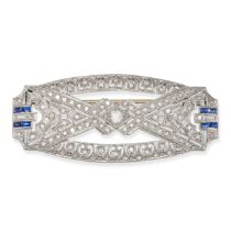 A SAPPHIRE AND DIAMOND PLAQUE BROOCH the openwork plaque brooch set to the centre with a round br...