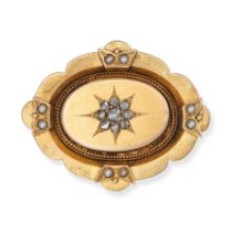 AN ANTIQUE VICTORIAN DIAMOND AND PEARL BROOCH in yellow gold, set with a cluster of rose cut diam...