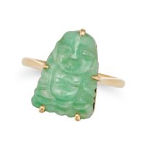 A JADEITE JADE RING set with a pear shaped jadeite jade carved to depict a Buddha, no assay marks...