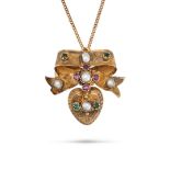 AN ANTIQUE PEARL, RUBY AND EMERALD PENDANT NECKLACE in yellow gold, the pendant designed as a bow...