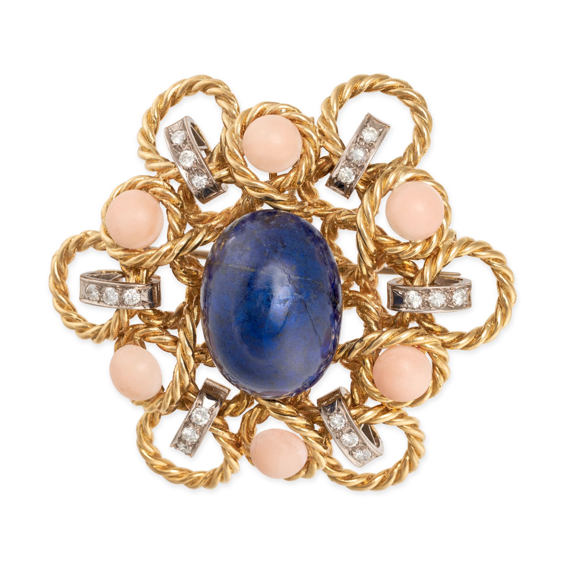 A VINTAGE LAPIS LAZULI, CORAL AND DIAMOND BROOCH / PENDANT in yellow gold, set with a cabochon la...
