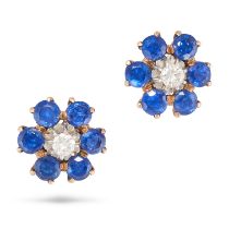 A PAIR OF SAPPHIRE AND DIAMOND CLUSTER EARRINGS each set with a round brilliant cut diamond in a ...