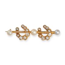 AN ANTIQUE DIAMOND AND PEARL HORSESHOE BROOCH in yellow gold, designed as two horseshoe motifs se...