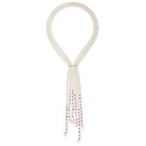 A PEARL, RUBY AND DIAMOND TASSEL NECKLACE comprising three graduating stands of pearls ranging fr...