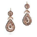 A PAIR OF FRENCH DIAMOND DROP EARRINGS in 9ct yellow gold, each comprising a cluster of rose cut ...