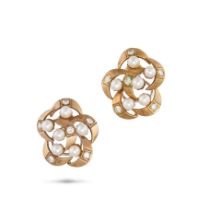 NO RESERVE - A PAIR OF PEARL AND DIAMOND EARRINGS in 9ct yellow gold, each designed as a stylised...