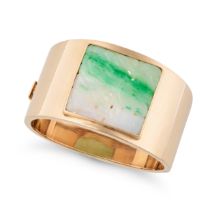 A JADEITE JADE BANGLE the wide hinged bangle set with a square mottled green and lavender jadeite...