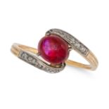 AN ANTIQUE RUBY AND DIAMOND RING in yellow gold and silver, set with an oval cabochon ruby of app...