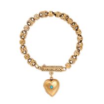 AN ANTIQUE TURQUOISE HEART CHARM BRACELET in yellow gold, comprising a row of fancy links, suspen...