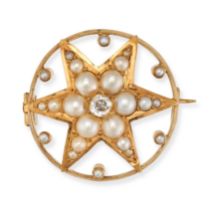 AN ANTIQUE DIAMOND AND PEARL STAR BROOCH in yellow gold, deigned as a six rayed star set with an ...