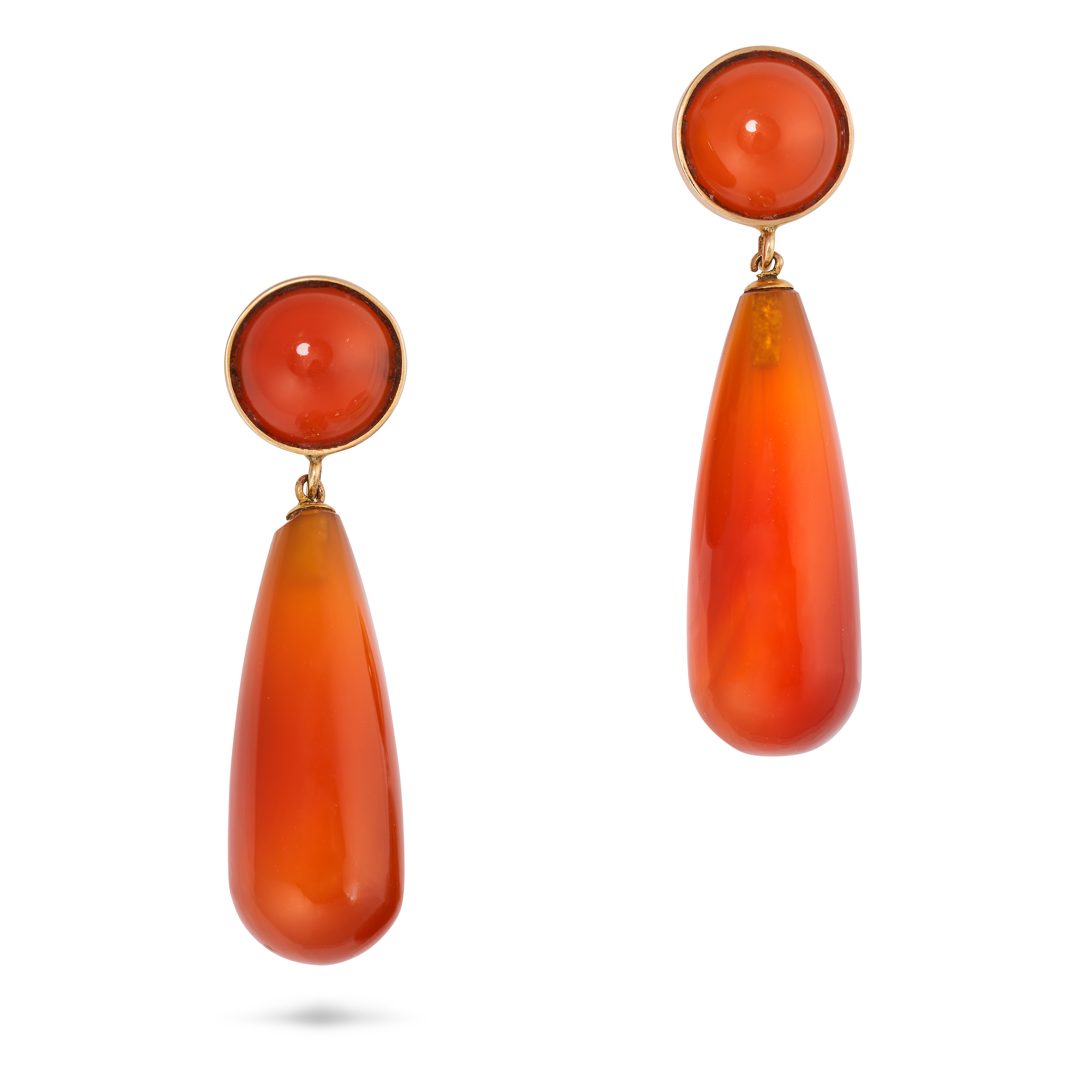 A PAIR OF CARNELIAN DROP EARRINGS each set with a round cabochon carnelian suspending a tapering ...