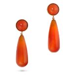 A PAIR OF CARNELIAN DROP EARRINGS each set with a round cabochon carnelian suspending a tapering ...