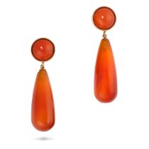 A PAIR OF CARNELIAN DROP EARRINGS each set with a round cabochon carnelian suspending a tapering ...