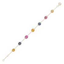 A MULTICOLOUR SAPPHIRE BRACELET comprising a trace chain set with a row of yellow, blue and pink ...