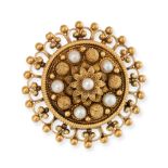 AN ANTIQUE PEARL BROOCH, 19TH CENTURY the circular brooch comprising a textured foliate motif acc...