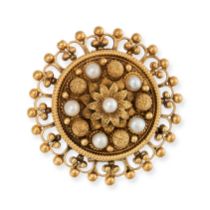 AN ANTIQUE PEARL BROOCH, 19TH CENTURY the circular brooch comprising a textured foliate motif acc...