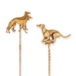 TWO GREYHOUND DOG STICK / TIE PINS one depicting a greyhound running, one depicting a pair of gre...