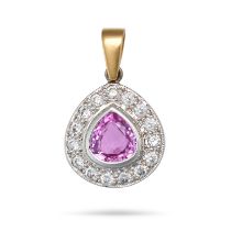 A PINK SAPPHIRE AND DIAMOND PENDANT in 18ct yellow and white gold, set with a pear cut pink sapph...