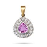 A PINK SAPPHIRE AND DIAMOND PENDANT in 18ct yellow and white gold, set with a pear cut pink sapph...