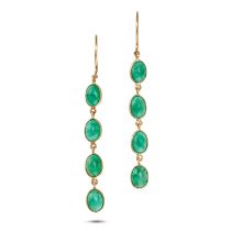 A PAIR OF EMERALD DROP EARRINGS each comprising a row of four cabochon emeralds, stamped 18K, 5.5...