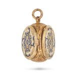 AN ANTIQUE ENAMEL LOCKET PENDANT in yellow gold, in foliate design decorated in blue and white en...