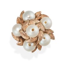 A PEARL LEAF RING designed as a spray of leaves set with six pearls, stamped 585, size L / 5.75, ...