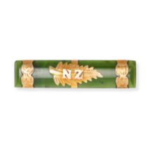 A NEPHRITE JADE NEW ZEALAND FERN BAR BROOCH set with a bar of polished rectangular nephrite jade,...