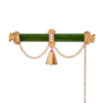 AN ANTIQUE NEPHRITE JADE AND SEED PEARL BROOCH in 9ct yellow gold, comprising a polished nephrite...