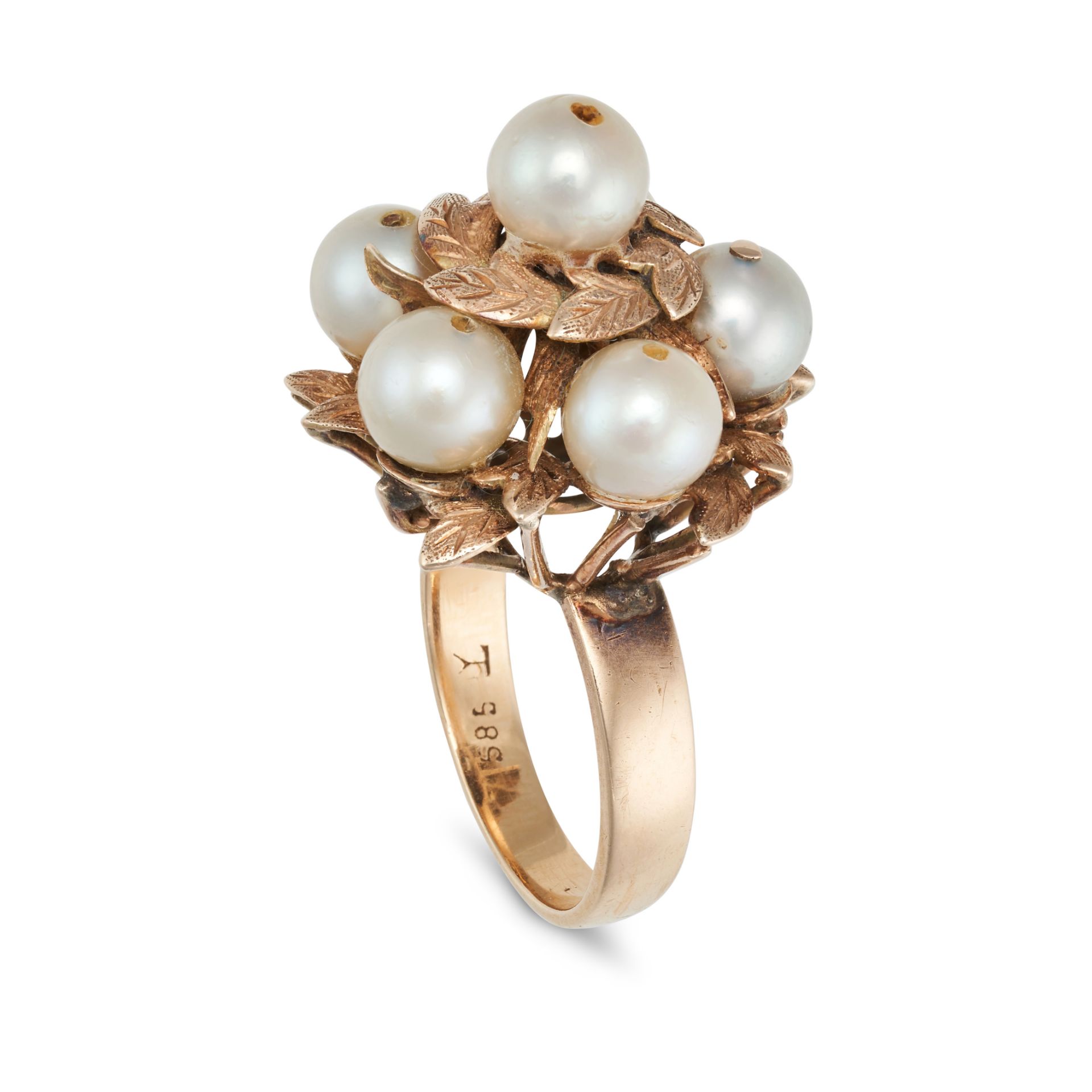 A PEARL LEAF RING designed as a spray of leaves set with six pearls, stamped 585, size L / 5.75, ... - Image 2 of 2