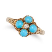 AN ANTIQUE TURQUOISE AND DIAMOND RING in 12ct yellow gold, set with an old cut diamond in a clust...