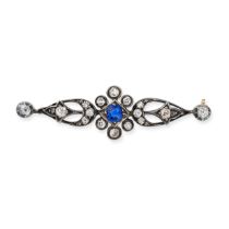 AN ANTIQUE SAPPHIRE AND DIAMOND BAR BROOCH in silver, set with a cushion cut sapphire accented by...