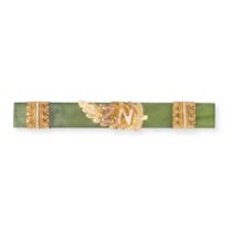 A NEPHRITE JADE NEW ZEALAND FERN BAR BROOCH in 9ct yellow gold, set with a bar of polished rectan...