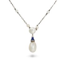 A NATURAL SALTWATER PEARL, DIAMOND AND ENAMEL PENDANT NECKLACE set with a pearl of 8.5mm, suspend...