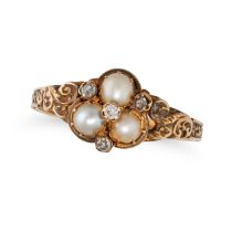 AN ANTIQUE PEARL AND DIAMOND RING in yellow gold, set with three pearls accented by round cut dia...