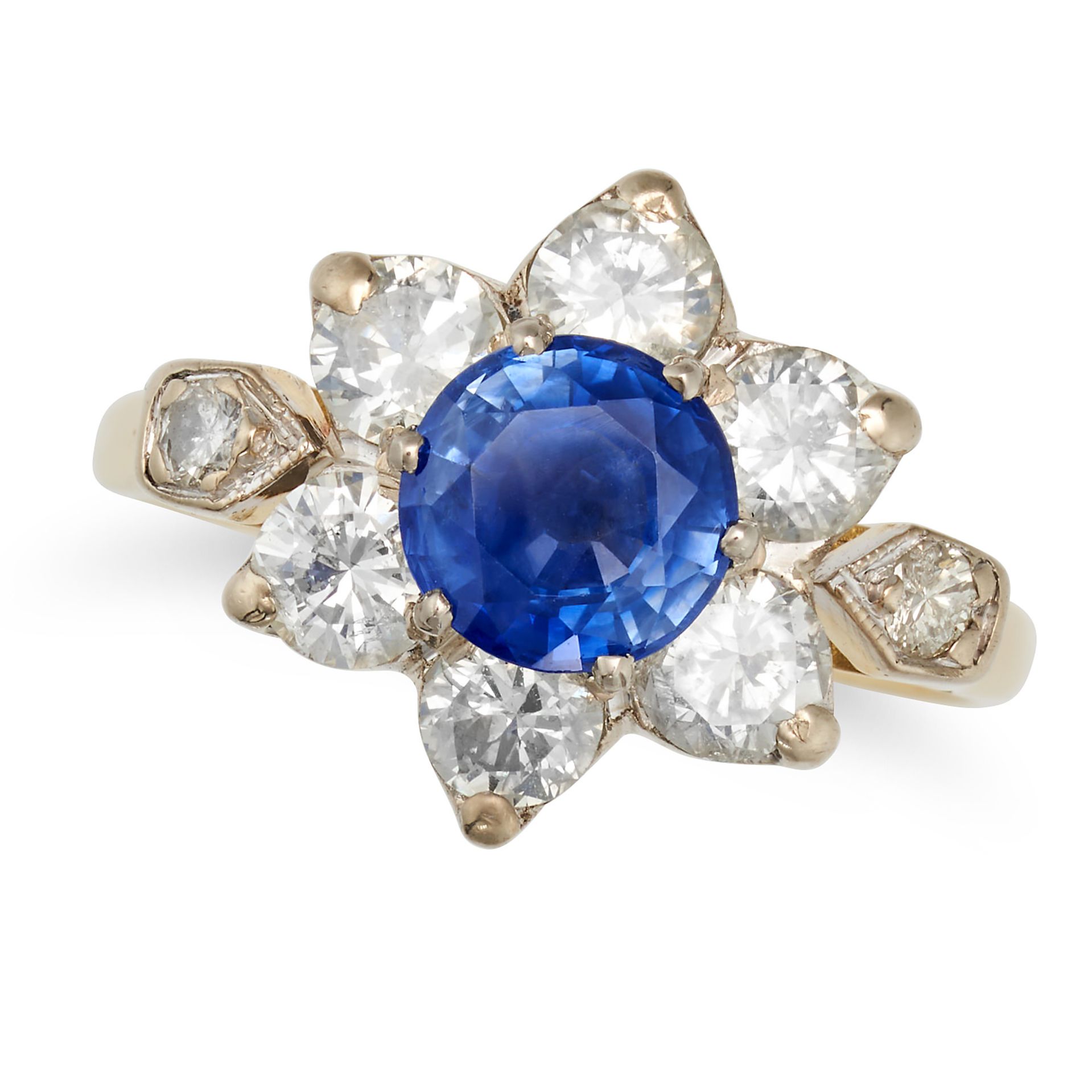 A SAPPHIRE AND DIAMOND CLUSTER RING set with a round cut sapphire of approximately 1.30 carats in...
