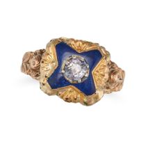 AN ANTIQUE DIAMOND AND ENAMEL RING in yellow gold, set with an old cut diamond relieved in blue e...