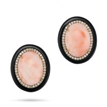A PAIR OF CORAL, ONYX AND DIAMOND EARRINGS set with a cabochon coral in a border of single cut di...