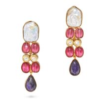 NO RESERVE - A PAIR OF AMETHYST, FAUX PEARL AND GLASS DROP EARRINGS each comprising a faux pearl ...