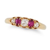 AN ANTIQUE RUBY AND DIAMOND FIVE STONE RING in yellow gold, set with alternating old cut diamonds...